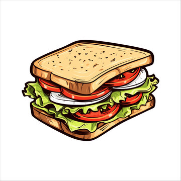 Ham and vegetable sandwich vector illustration, isolated on white background.