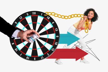 Template collage of girl lady playing darts carry board with her jackpot hundred dollars bunch