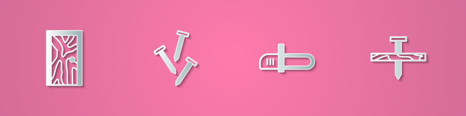 Set paper cut Closed door, Metallic nails, Chainsaw and icon. Paper art style. Vector