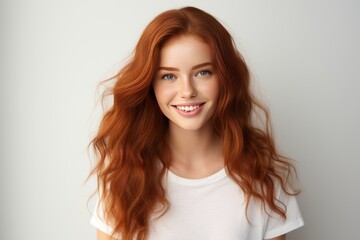 Naklejka premium happy, stylish young woman with wavy red hair and freckles. Perfect for fashion and lifestyle enthusiasts. Generative AI
