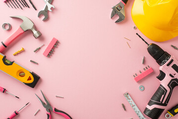 Celebrating the contribution of women on Labor Day. Overhead shot featuring an helmet with...