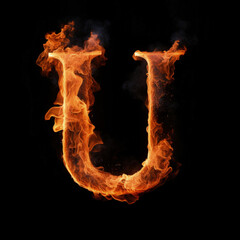 Capital letter U consisting of a flame. Burning letter U. Letter of fire flames alphabet on black background.