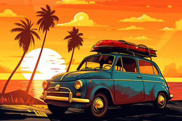 Fototapeta na wymiar Car and beach. Sunrise. Summertime holiday. Polygon Illustration