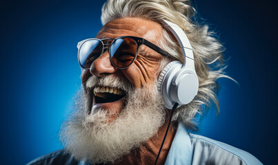 Funny Old Man with White Beard Enjoying Music