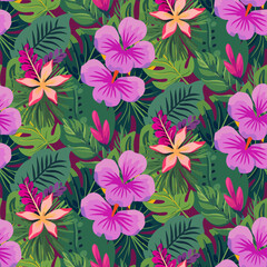 Vector seamless pattern with various tropical leaves and flowers green on pink background