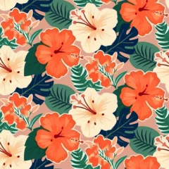 Foto op Plexiglas anti-reflex Vector seamless pattern with various tropical leaves and hibiscus flowers on orange background © Tatyana