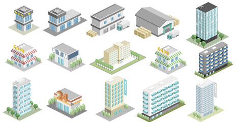 Isometric 3D buildings color vector icon illustration design collection - obrazy, fototapety, plakaty