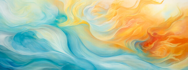 Obraz premium Swirls of a colorful abstract paints ,Modern abstract painting in pastel colors, colorful curves, light amber and sky-blue, flowing fabrics.