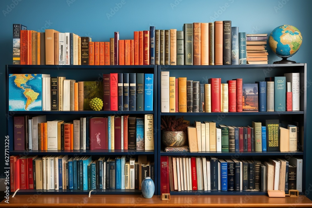 Poster shelf filled with textbooks of various subjects and disciplines information medium generative ai