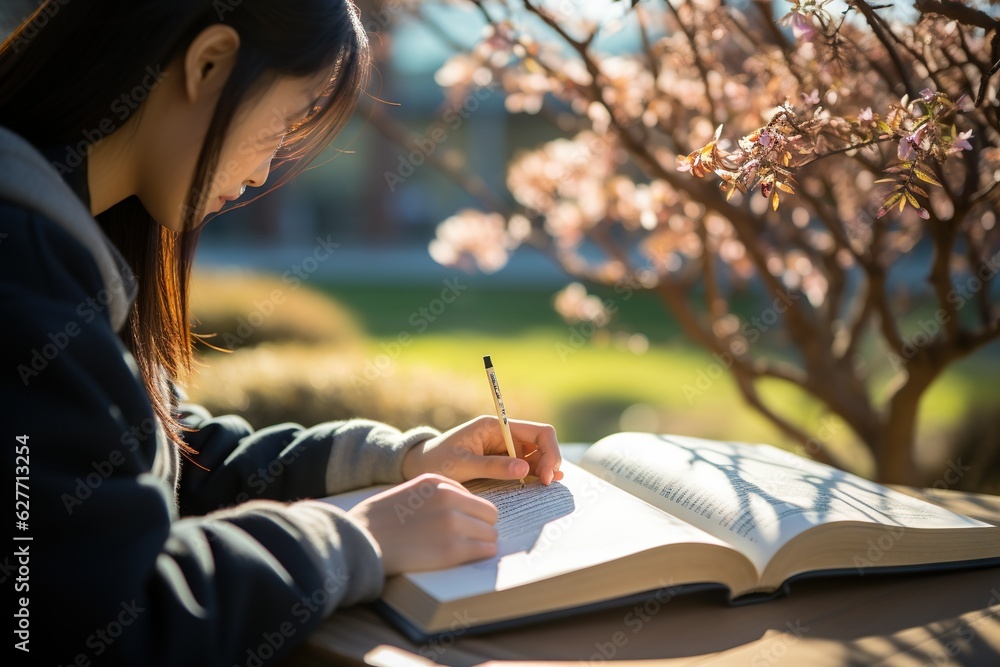 Poster student using a textbook to solve practice problems and exercises smiling generative ai