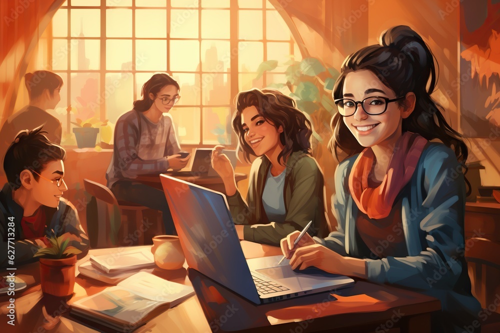 Poster students attending virtual study groups or peer tutoring sessions office generative ai