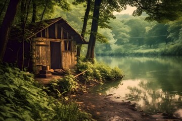 an old hut by the river in the forest