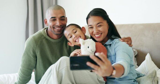 Mom, dad and selfie of girl in bedroom, home or happy family together on social media in morning or relax with parents. Profile picture, smile and bonding with father, mother and child with love