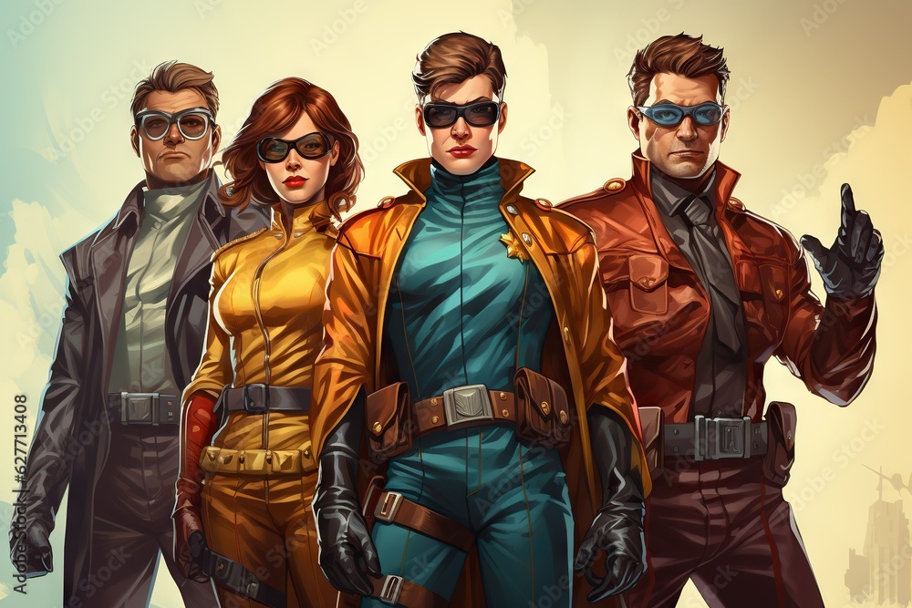 Poster superhero illustration of a courageous team of crimefighting heroes each with unique powers and cost