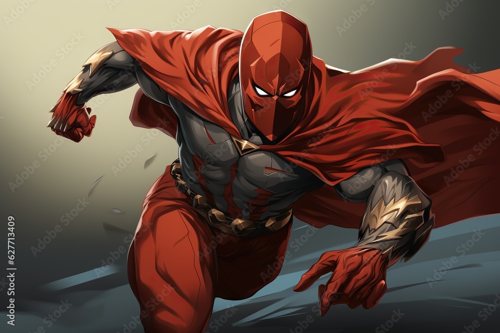 Poster superhero illustration of a masked crusader in a dynamic pose ready to fight for justice computer gr