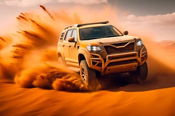 Foto auf Acrylglas Orange Off-road vehicle in the desert splashing sands around