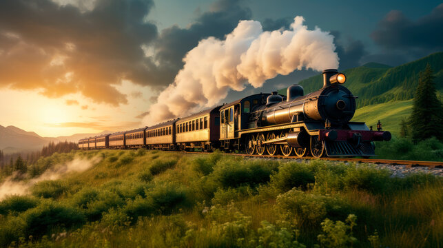 Steam train with white smoke. Steam train on railway.