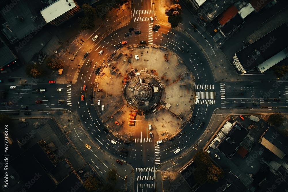 Poster top view image of a drone capturing the organized chaos of a traffic intersection close-up generativ
