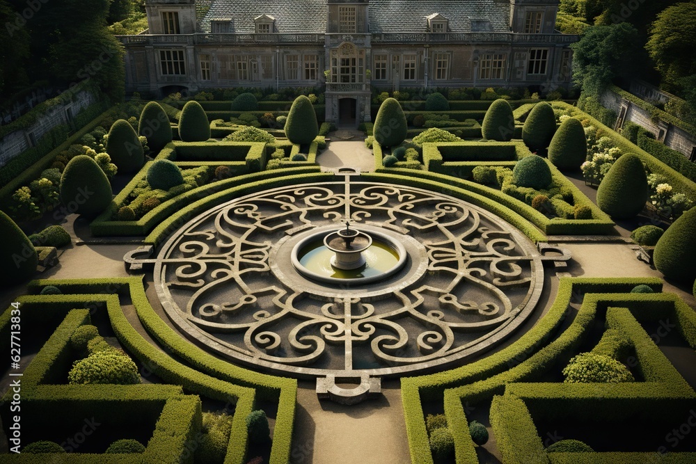 Poster top view image of a drone capturing the symmetry and elegance of a formal garden green color generat