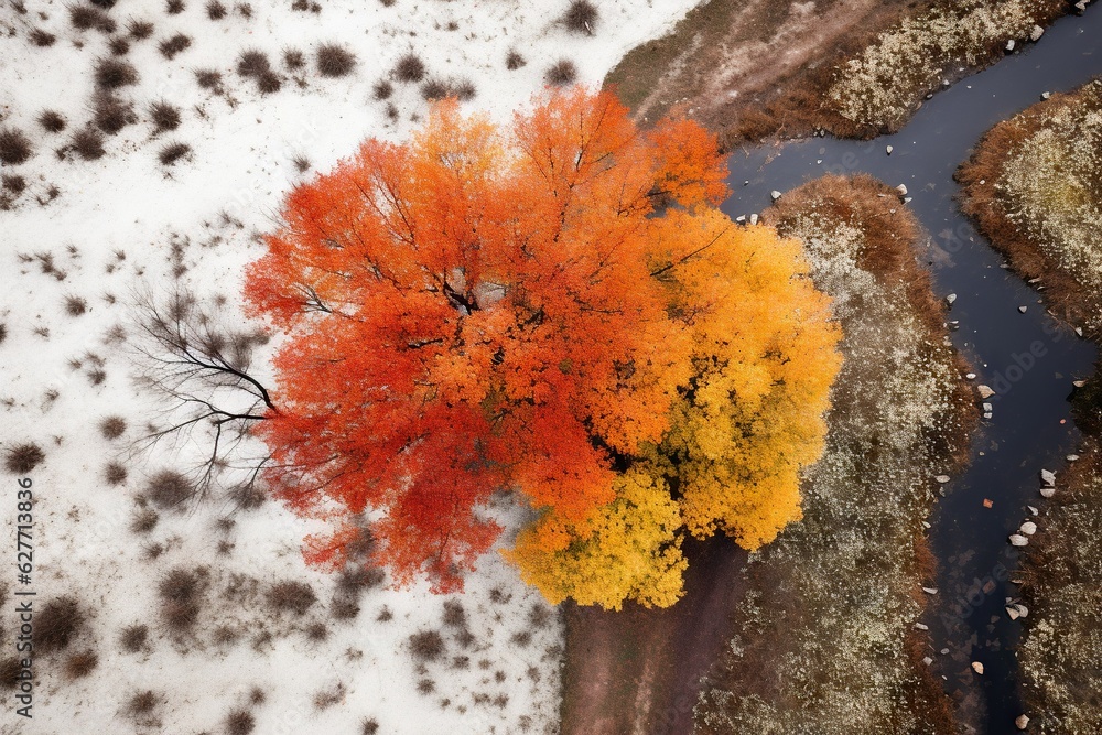 Poster top view image of a drone capturing the seasonal colors of a changing landscape colors generative ai