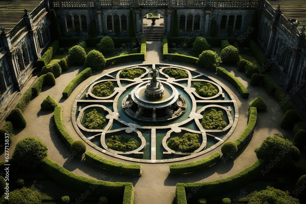 Poster top view image of a drone capturing the symmetry and elegance of a formal garden architecture genera