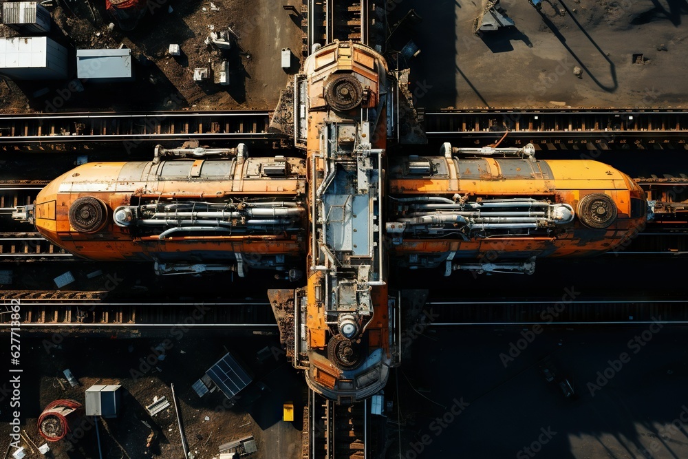 Poster top view image of a drone inspecting and maintaining railway tracks or transportation infrastructure