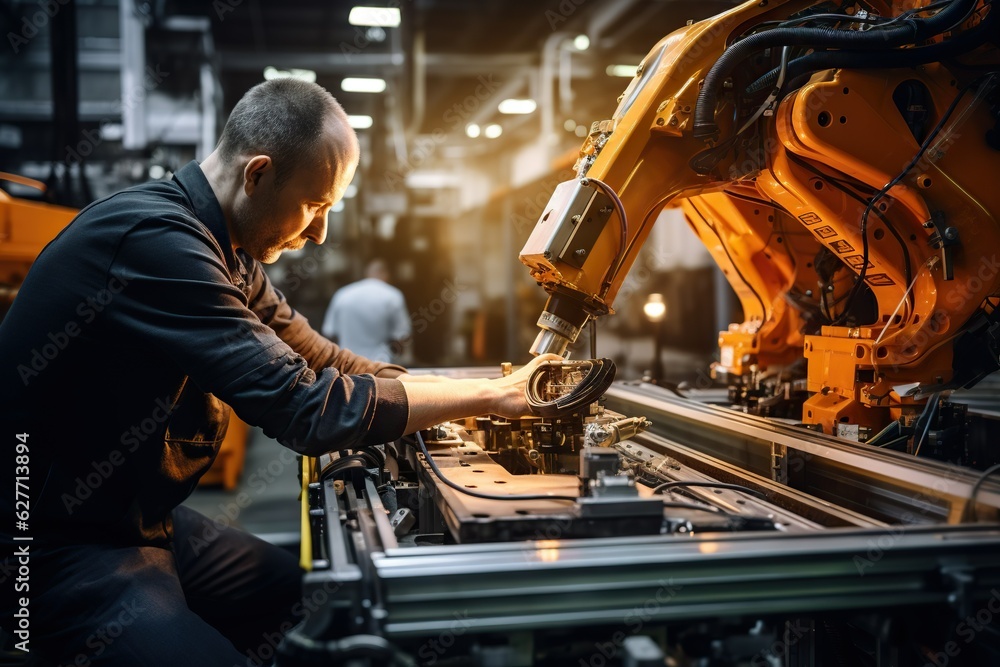 Poster top view image of a person controlling a robot arm for precise industrial automation industry genera