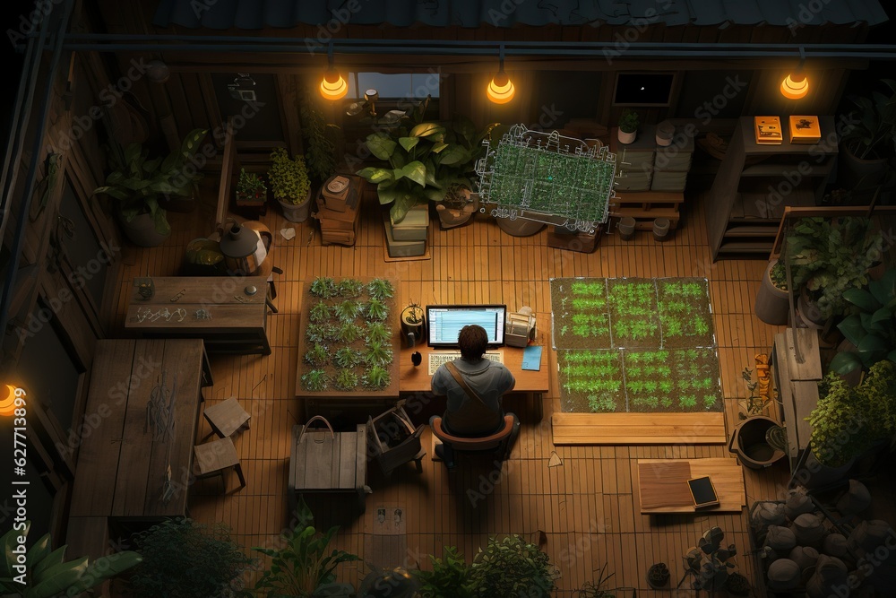 Poster top view image of a person building and managing a virtual city in a simulation game business genera