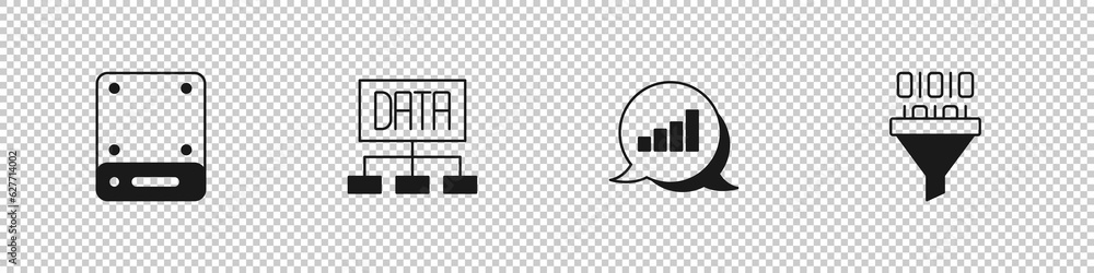 Aufkleber set server, data analysis, pie chart infographic and binary code icon. vector