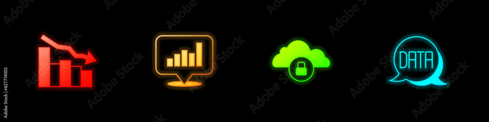Poster set financial growth decrease, pie chart infographic, cloud computing lock and data analysis icon. v