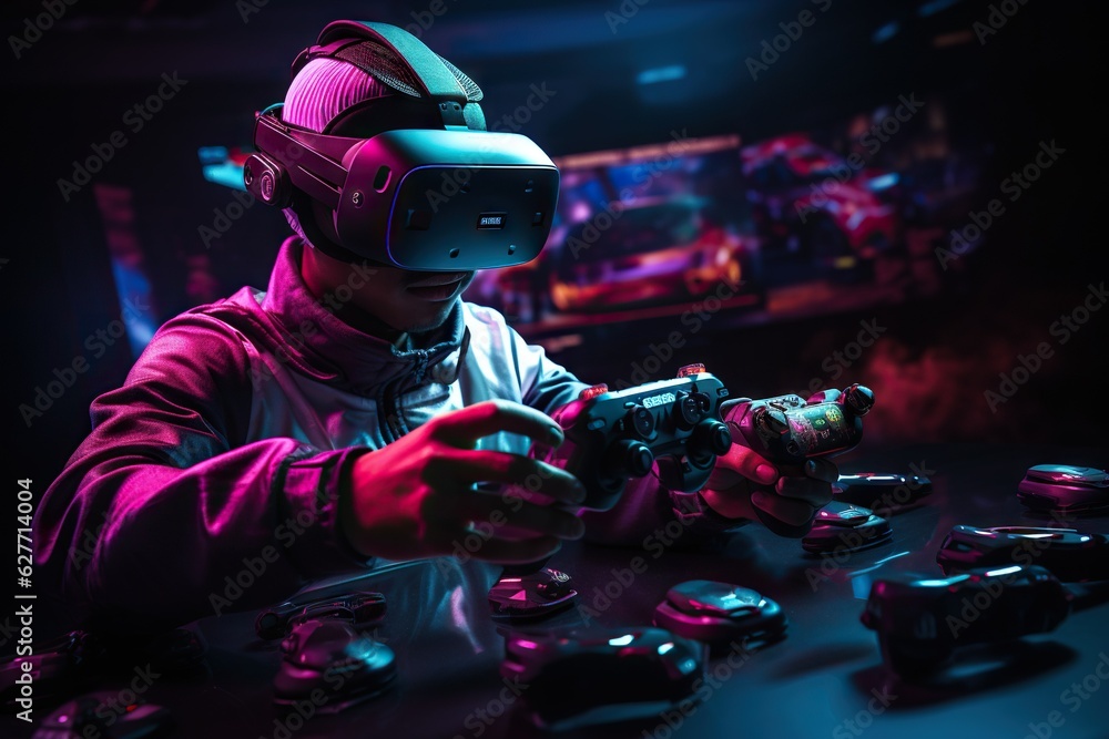 Poster top view image of a person using a gaming console for virtual reality gaming computer generative ai