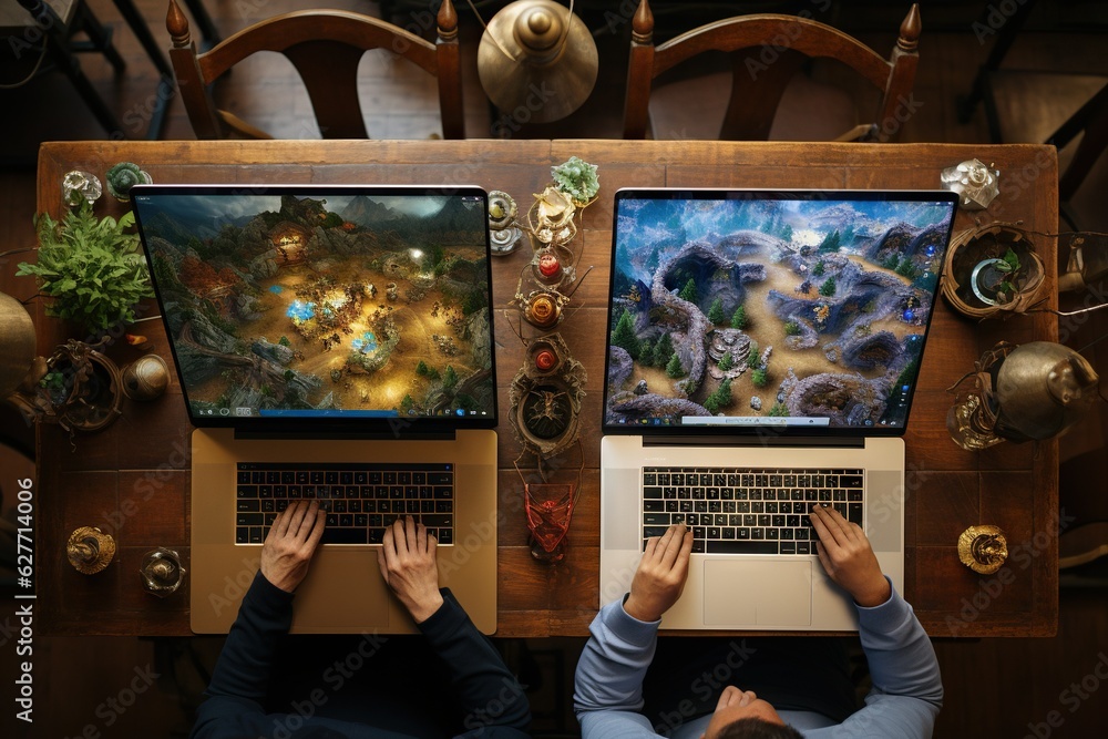Poster top view image of a person using a gaming laptop for online gaming success generative ai