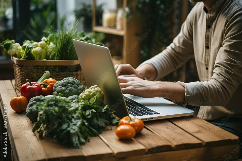 Poster top view image of a person using a laptop for online grocery shopping and delivery surfing the net g