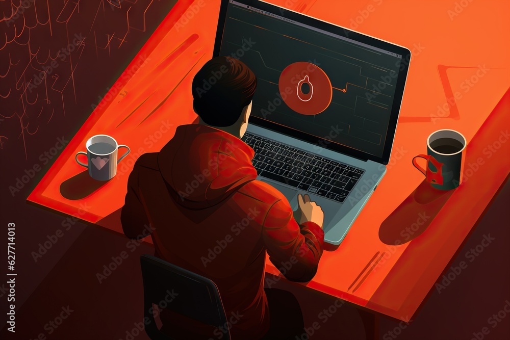Poster top view image of a person using a laptop with a privacy screen for secure web browsing modern gener