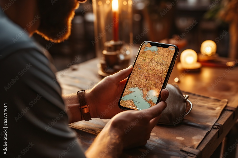 Poster top view image of a person using a mobile travel app for itinerary planning selective focus generati