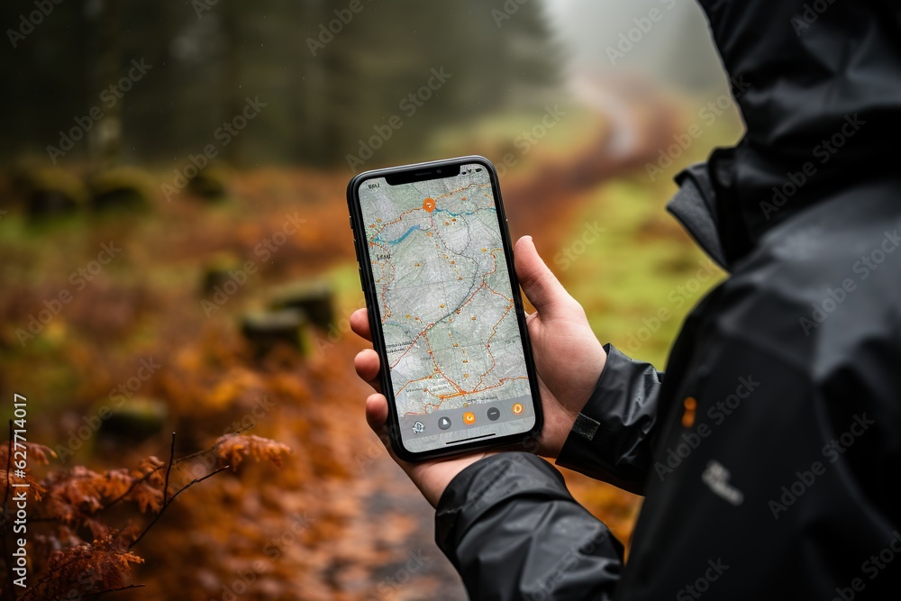Poster top view image of a person using a mobile weather app for outdoor planning photographic equipment ge
