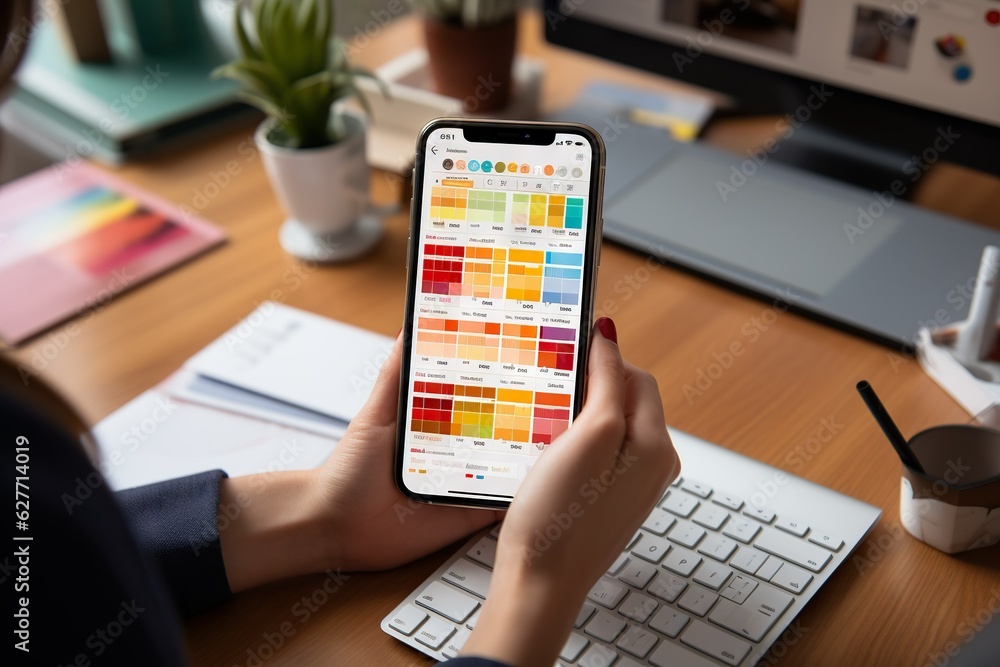 Poster top view image of a person using a mobile productivity app for organization sitting generative ai