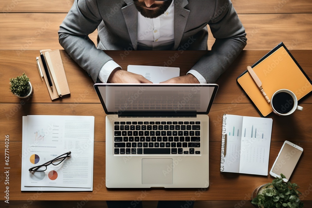 Poster top view image of a person using a laptop for financial management and budgeting communication gener