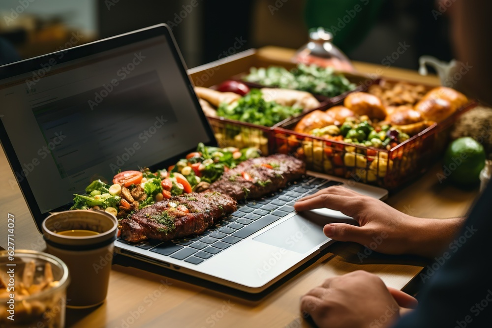 Poster top view image of a person using a laptop for online food delivery and ordering internet generative 