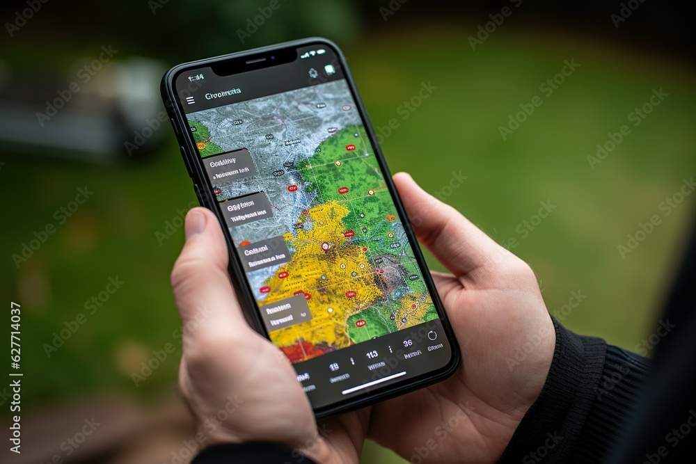 Aufkleber top view image of a person using a mobile weather app for outdoor planning telephone generative ai