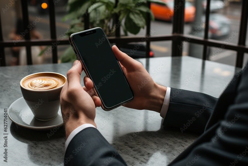 Poster top view image of a person using a smartphone for mobile banking and financial transactions unrecogn