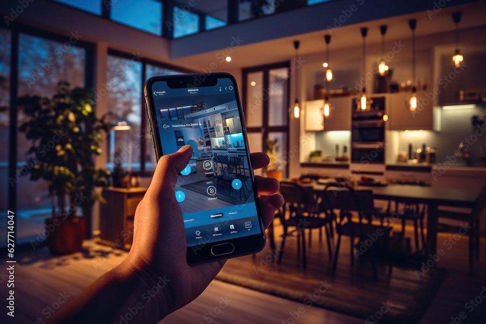 Poster top view image of a person using a smartphone to control smart lighting and ambiance in a home setti