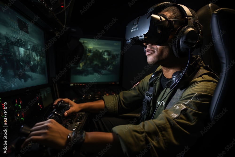 Poster top view image of a person using a virtual reality simulator for flight training sitting generative 