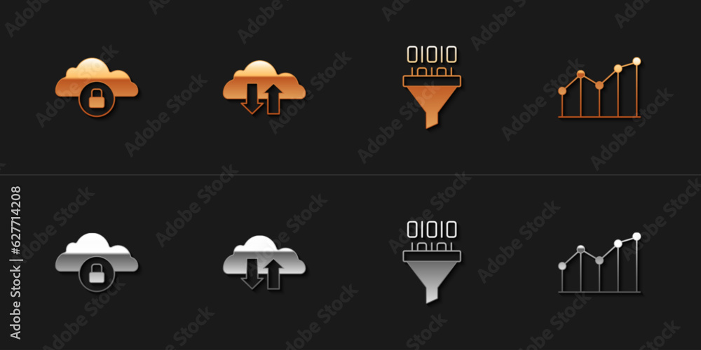 Poster set cloud computing lock, download and upload, binary code and pie chart infographic icon. vector