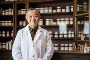 An old Chinese medicine doctor in a white coat stood in front of the medicine cabinet