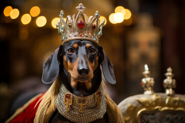 Dachshund dog dressed as a king with crown , pet treated like royalty