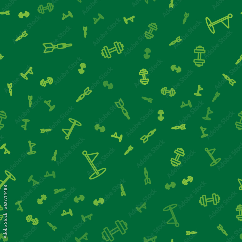 Poster set line dart arrow, golf flag and dumbbell on seamless pattern. vector