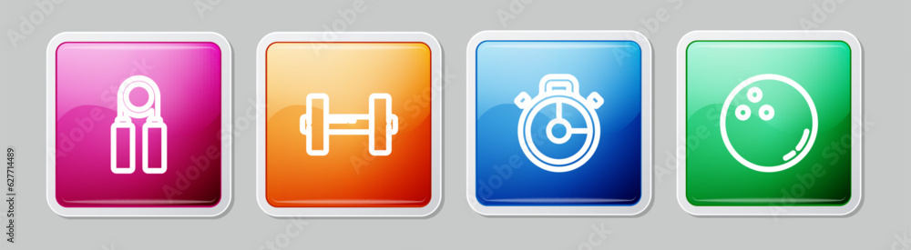 Sticker set line sport expander, dumbbell, stopwatch and bowling ball. colorful square button. vector