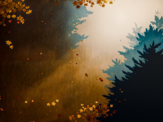 Autumn themed background with leaves and tree silhouettes. 