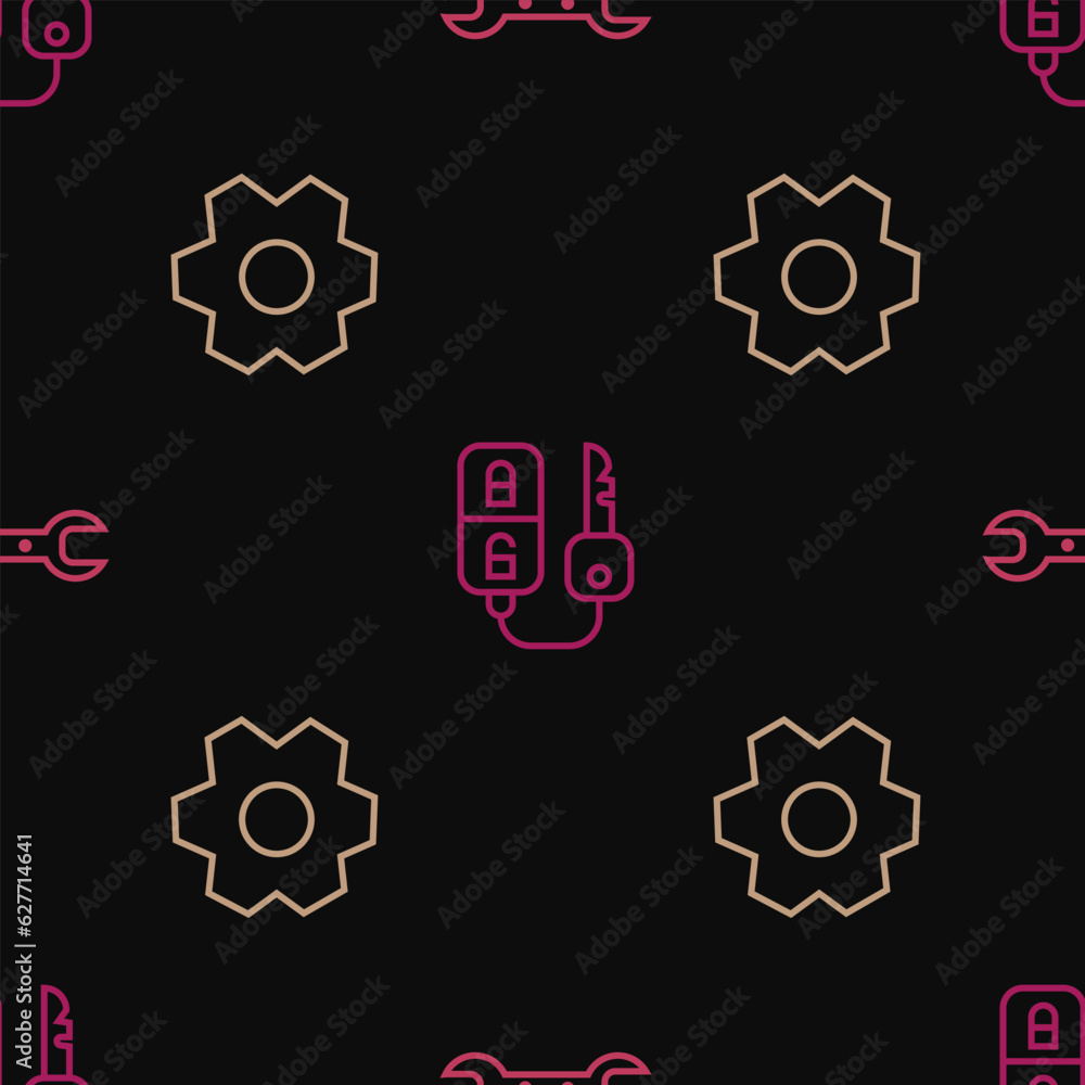 Poster set line wrench spanner, gear and car key with remote on seamless pattern. vector